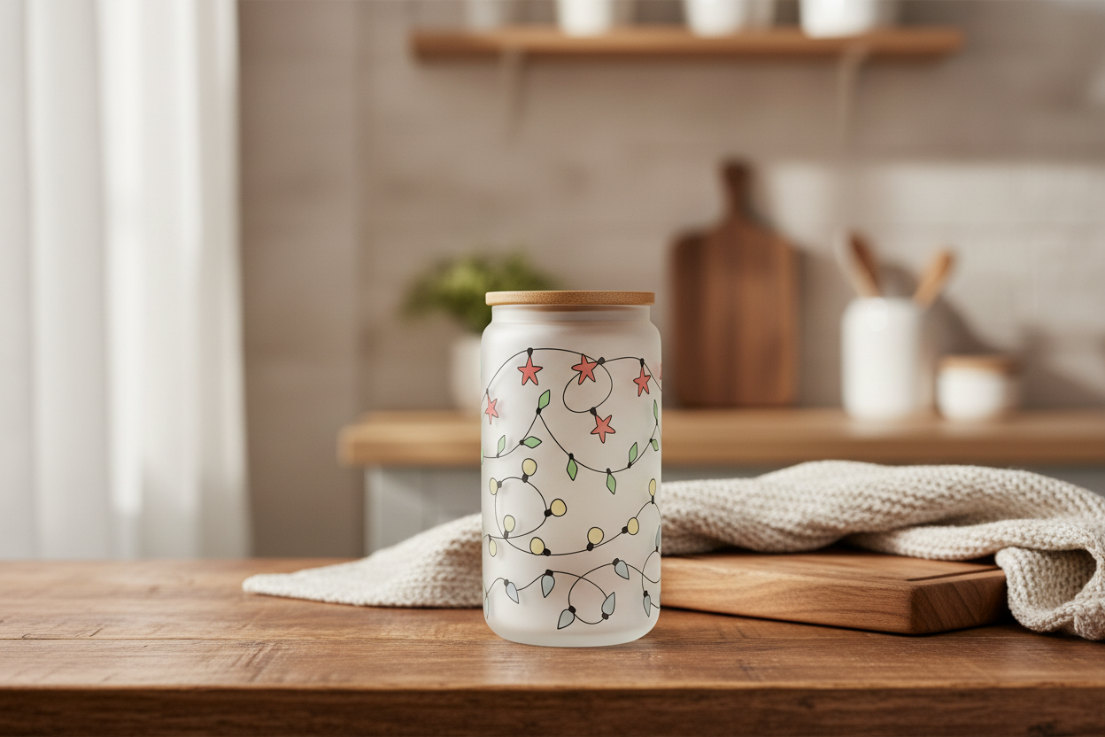 16 oz Frosted Glass Cup - Christmas light bulbs