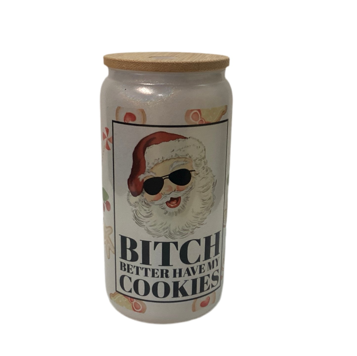 16 oz Frosted Glass Glitter Cup - Santa, have my cookies