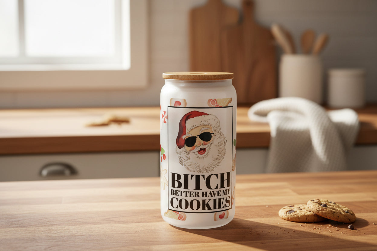 16 oz Frosted Glass Glitter Cup - Santa, have my cookies