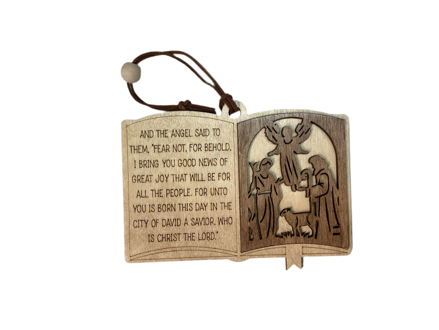 Wood 2 layer ornament - Religious book Angel good news