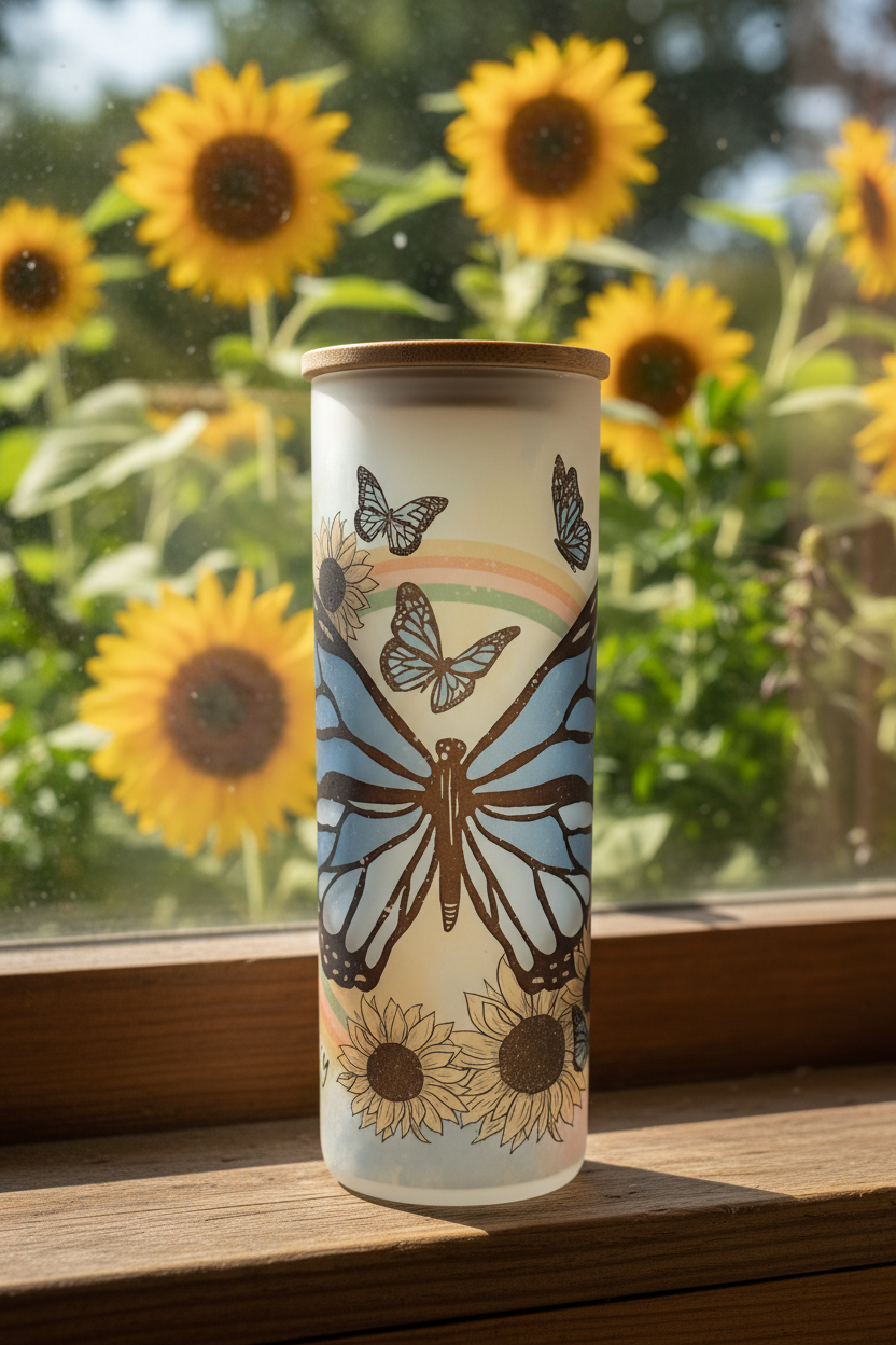 25 oz Glass Tumbler - Butterflies and Sunflowers