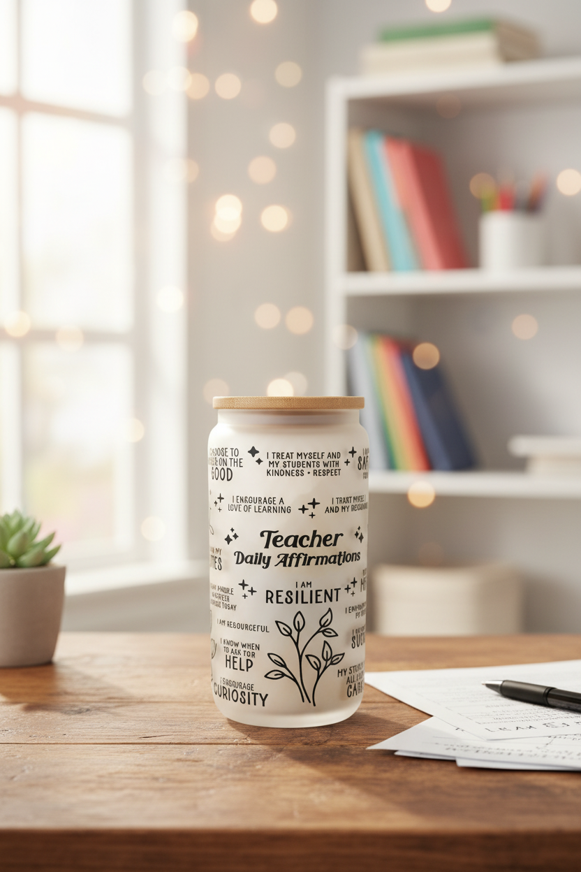 16 oz Frosted Glass Cup - Teacher Daily Affirmations