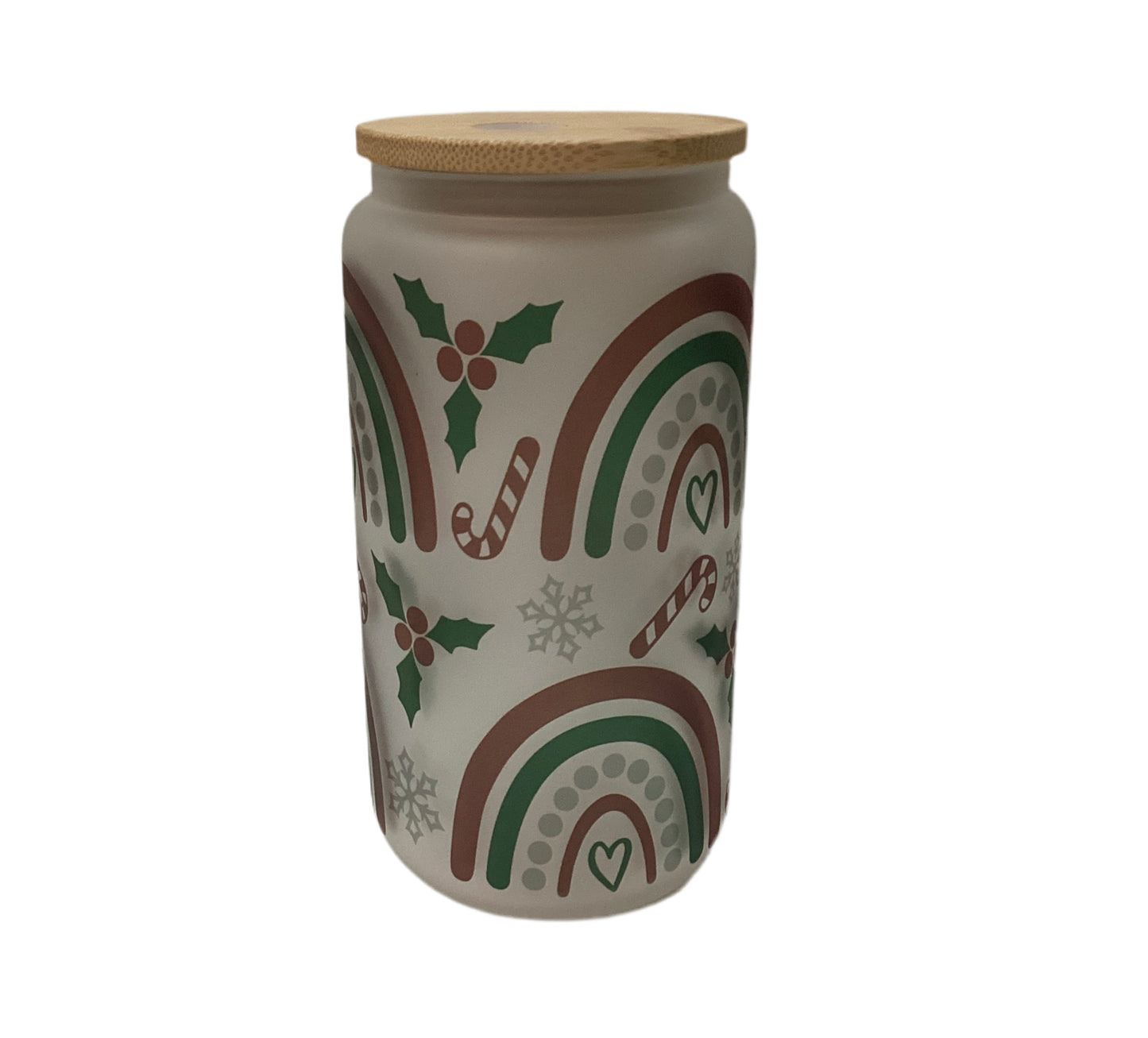 16 oz Frosted Glass Cup - Christmas rainbow & candy canes