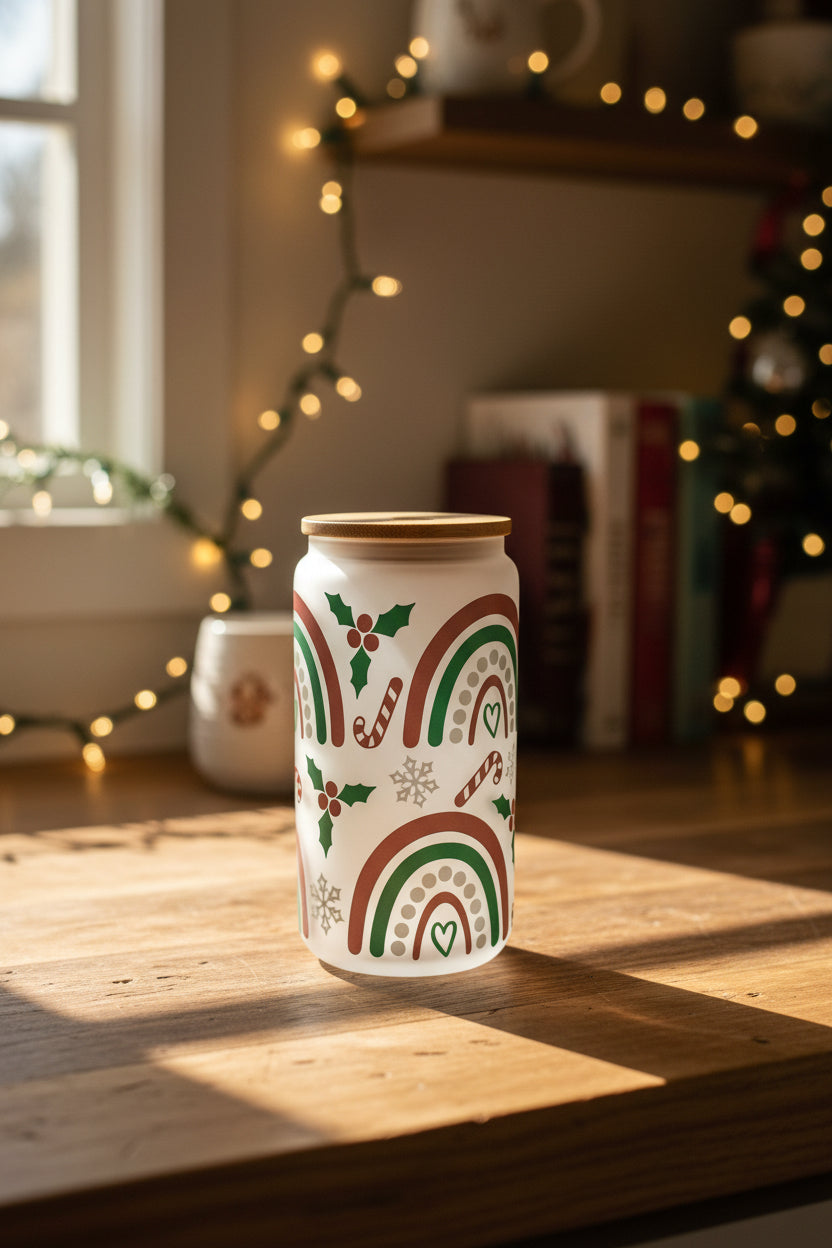 16 oz Frosted Glass Cup - Christmas rainbow & candy canes