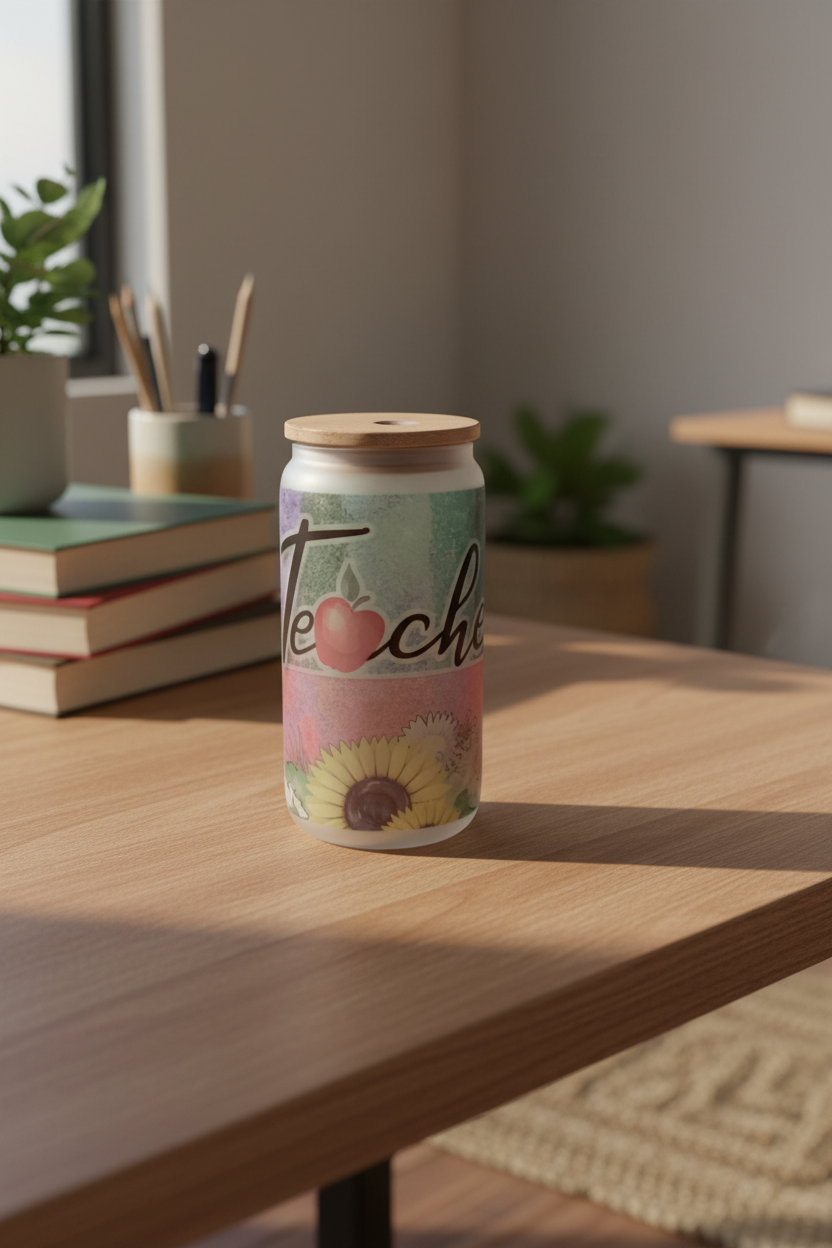 16 oz Frosted Glass Cup - Teacher with Sunflower