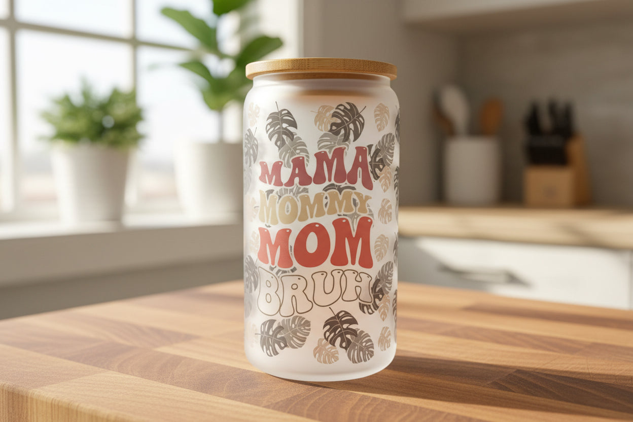 16 oz frosted glass - mama mommy mom bruh
