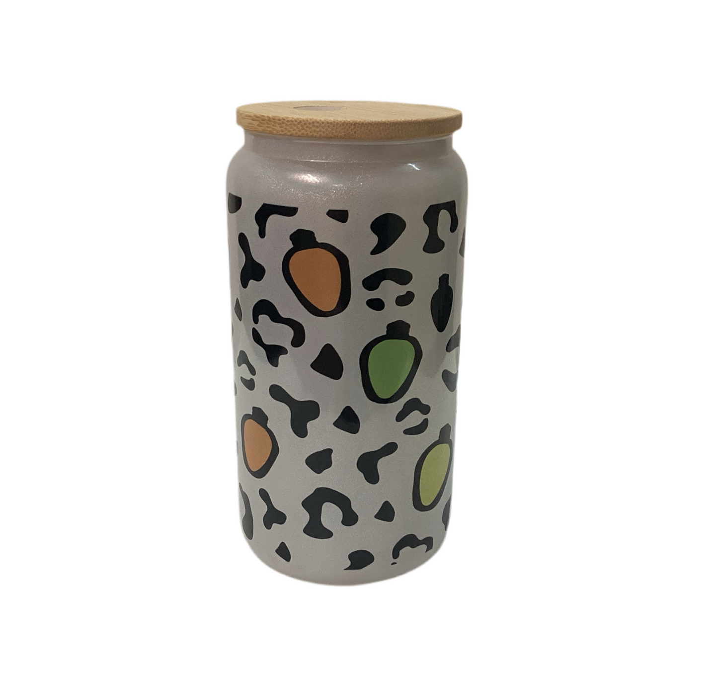 16 oz Glass Glitter Cup - Christmas bulb lights, leopard print