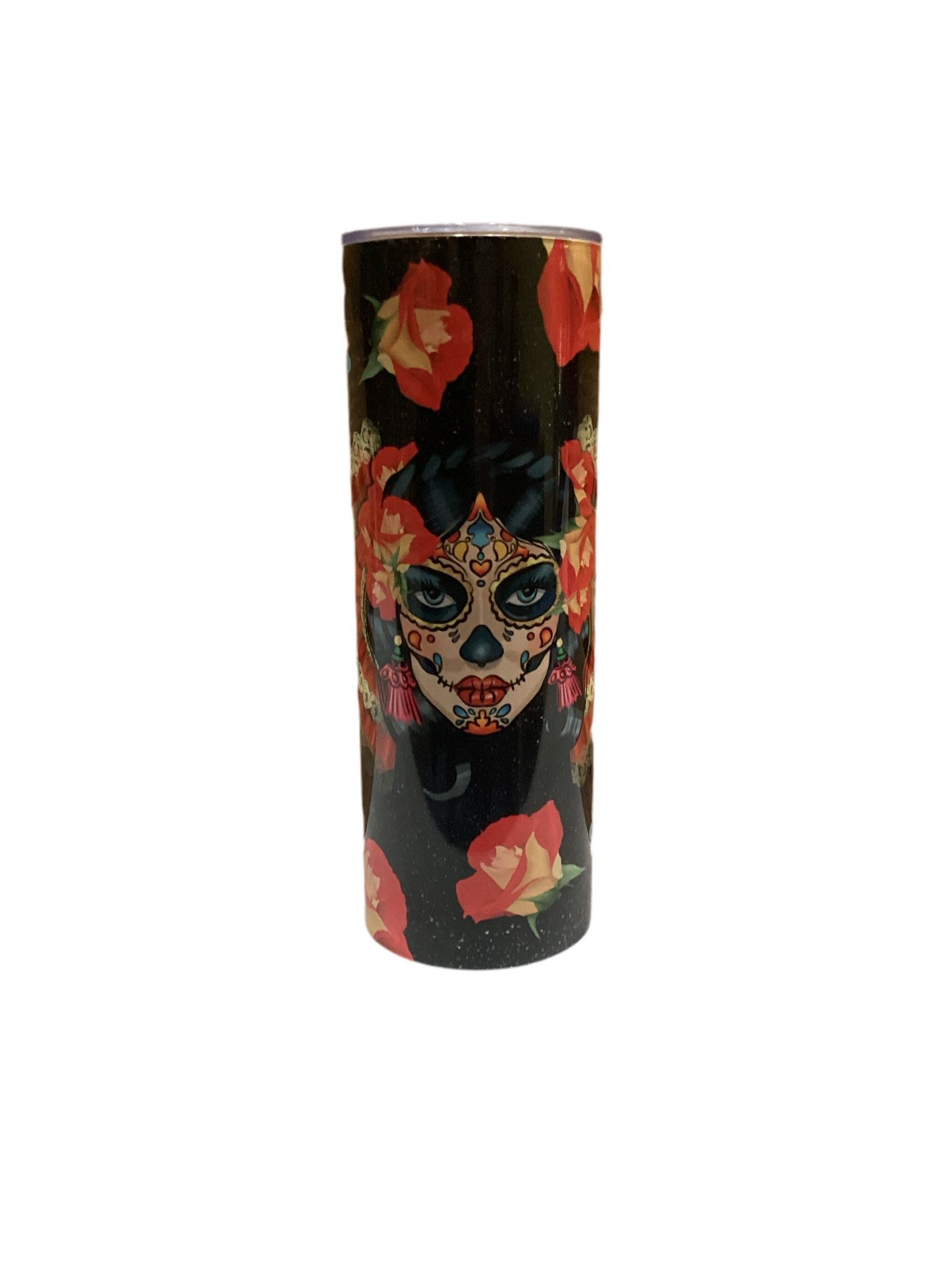 20 oz Tumbler - Dia de los Muertos Skull w Red Flowers Black Background