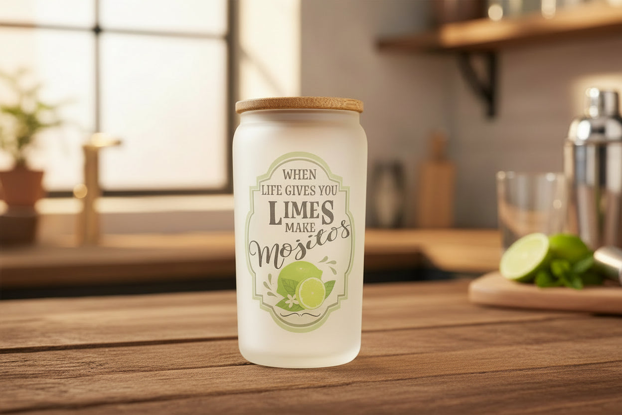 16 oz Frosted Glass Cup - When Life Gives You Limes Make Mojitos