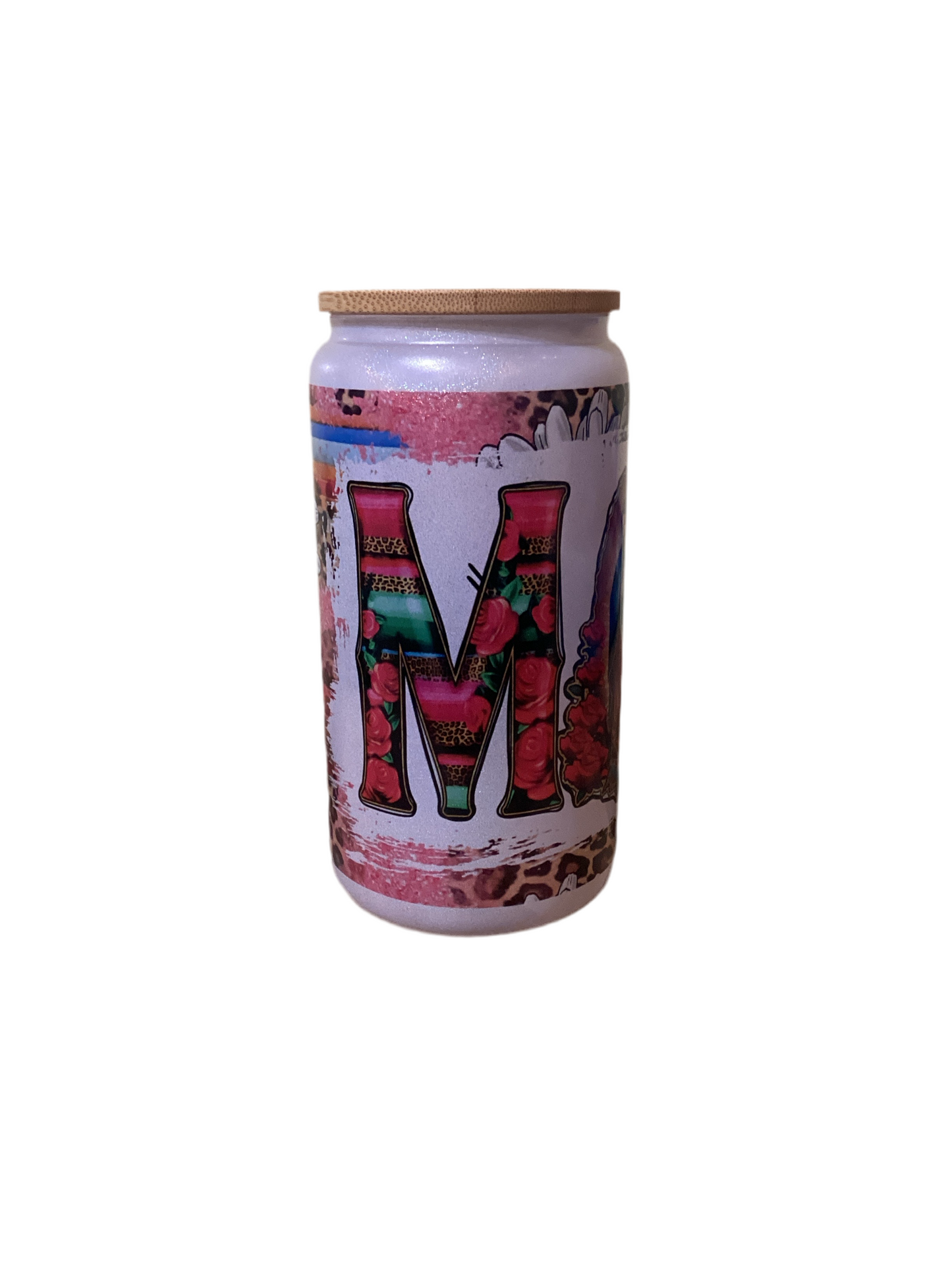 16 oz Frosted Glitter Glass - Mom with Virgin Mary