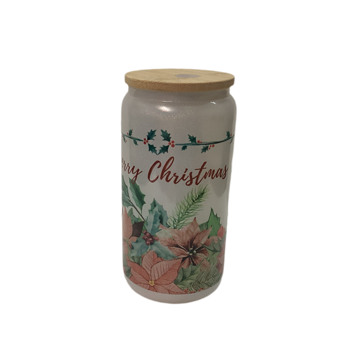 16 oz Frosted Glass Glitter Cup - Merry Christmas pointsettas