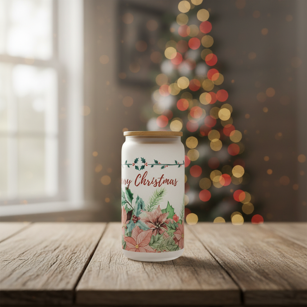 16 oz Frosted Glass Glitter Cup - Merry Christmas pointsettas