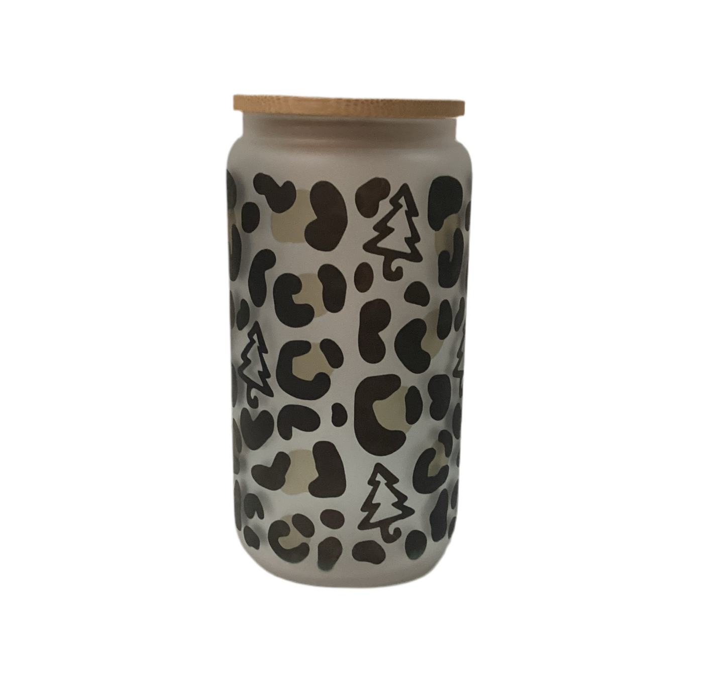 16 oz Frosted Glass Cup - Leopard print & Christmas tree