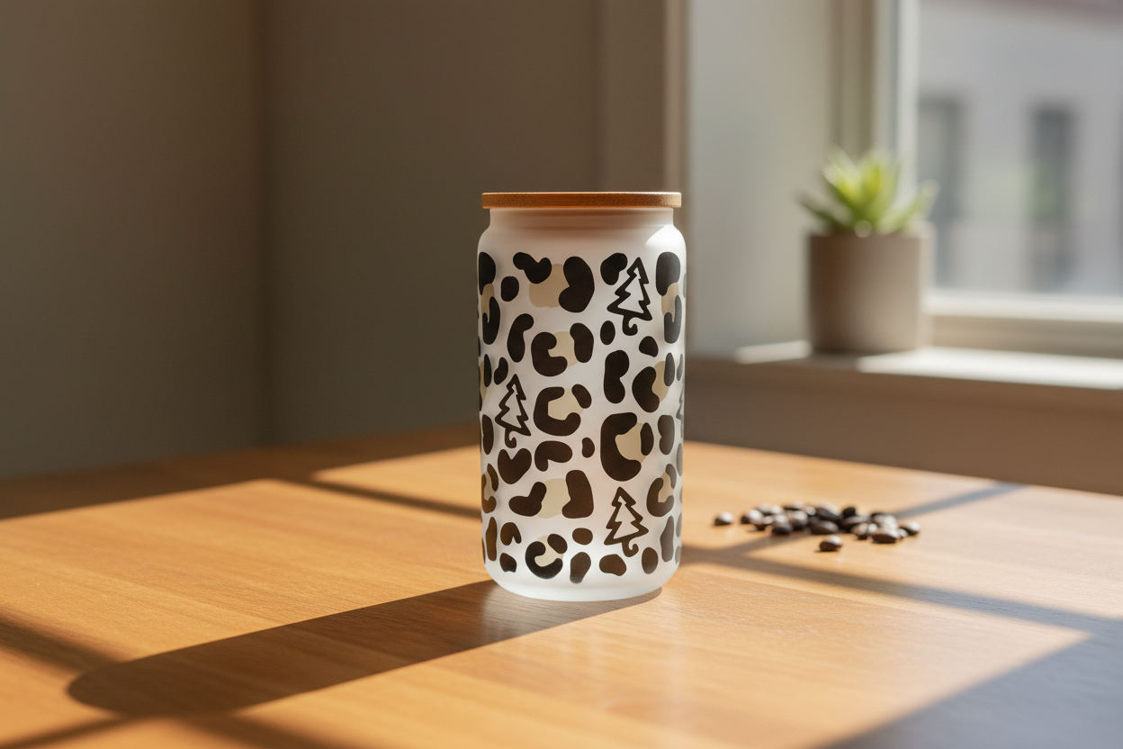 16 oz Frosted Glass Cup - Leopard print & Christmas tree