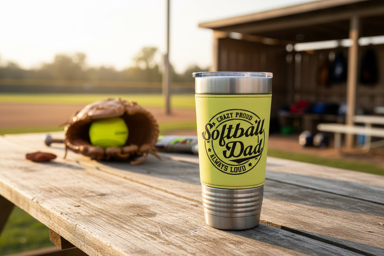 Tumbler- Leather patch - Softball Dad