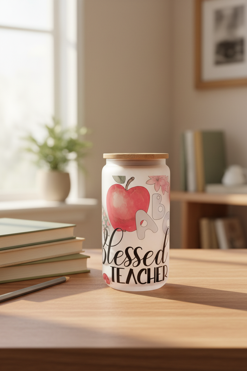 16 oz Frosted Glass Cup - Blessed Teacher