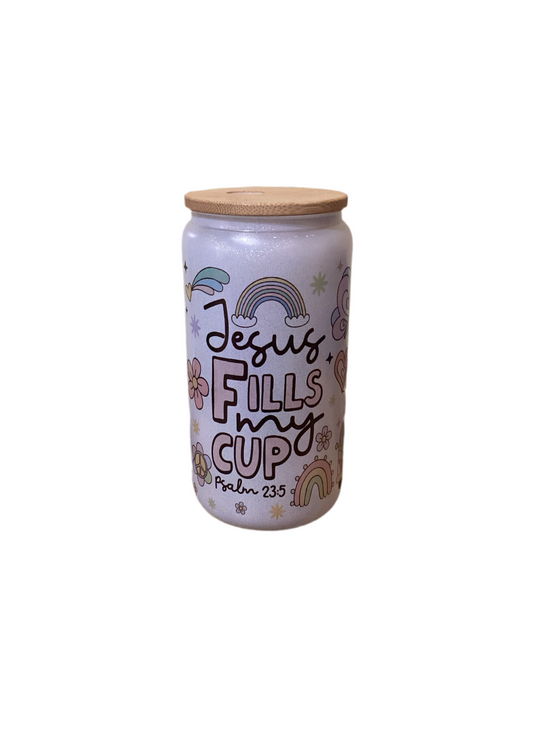 16 oz Glitter Glass Cup - Jesus Fills My Cup