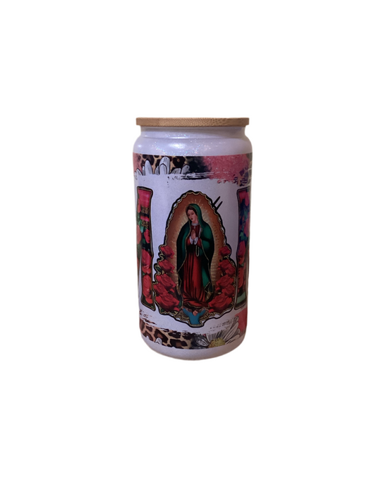 16 oz Frosted Glitter Glass - Mom with Virgin Mary