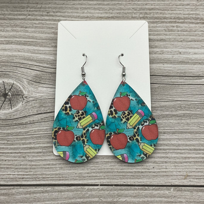 Large Teardrop Earrings - Teacher Apples & Pencils UV printed