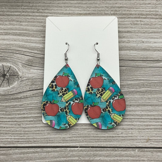 Large Teardrop Earrings - Teacher Apples & Pencils UV printed