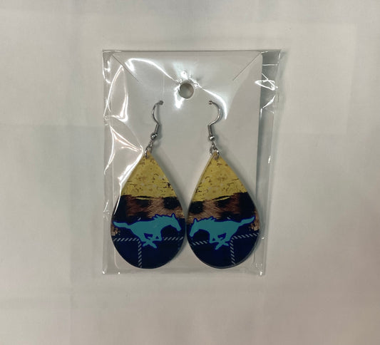 Large UV printed Teardrop Earrings - Memorial Blue & Gold Blue Plaid Mustang