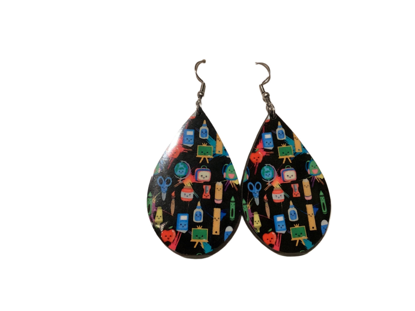 Large Sublimated Teardrop Earrings - Teacher - pencil, scissors, apples