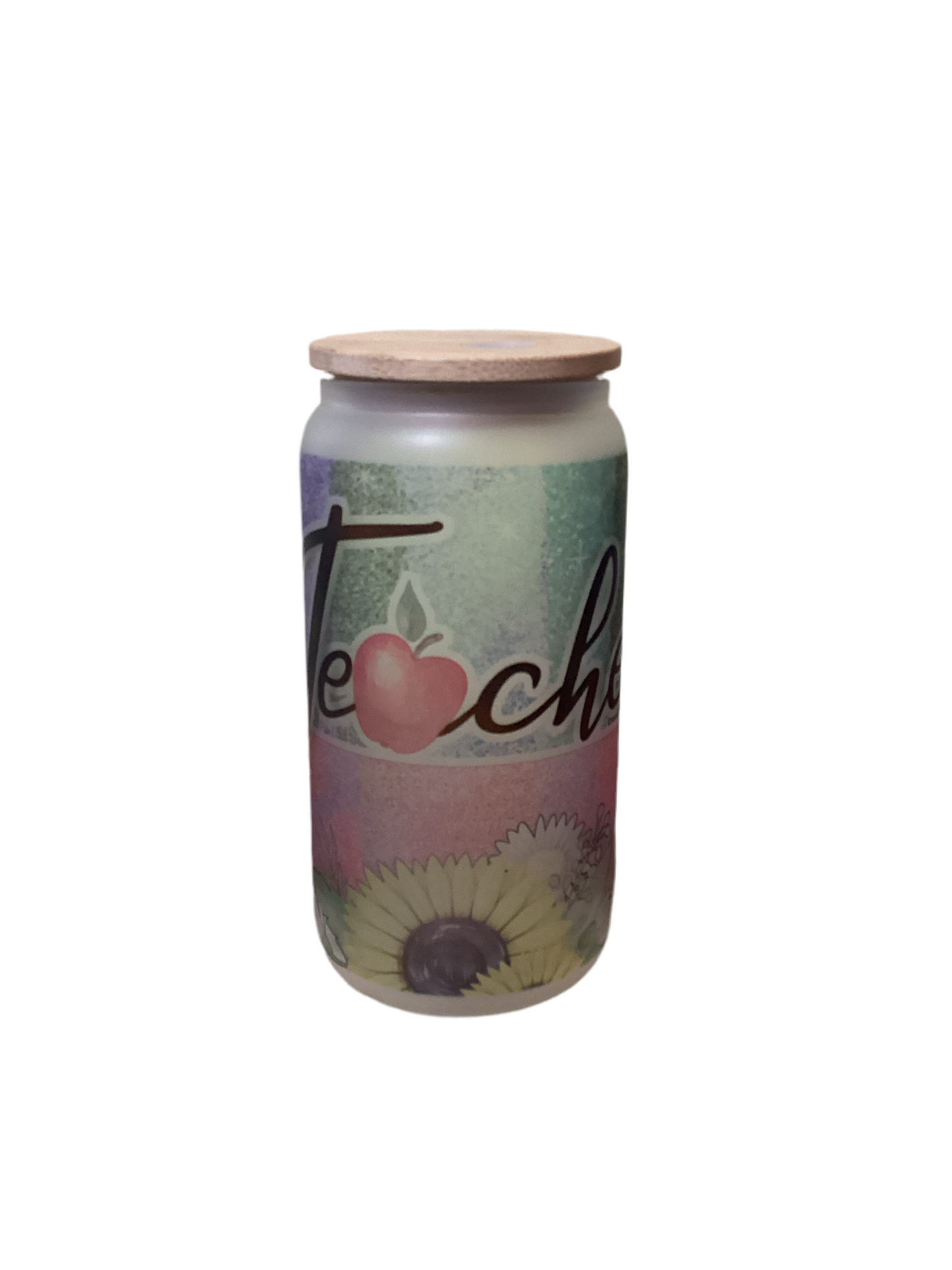 16 oz Frosted Glass Cup - Teacher with Sunflower