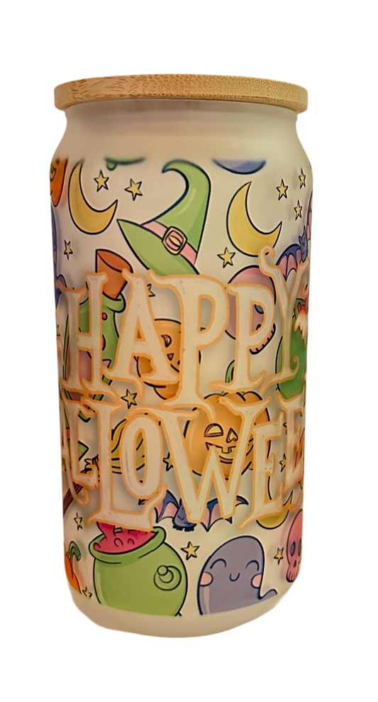 16 oz Frosted Glass Cup - Happy Halloween Colorful