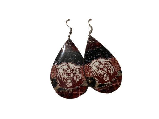 Large Sublimated Teardrop Earrings - Psja Bears - Black & Maroon plaid