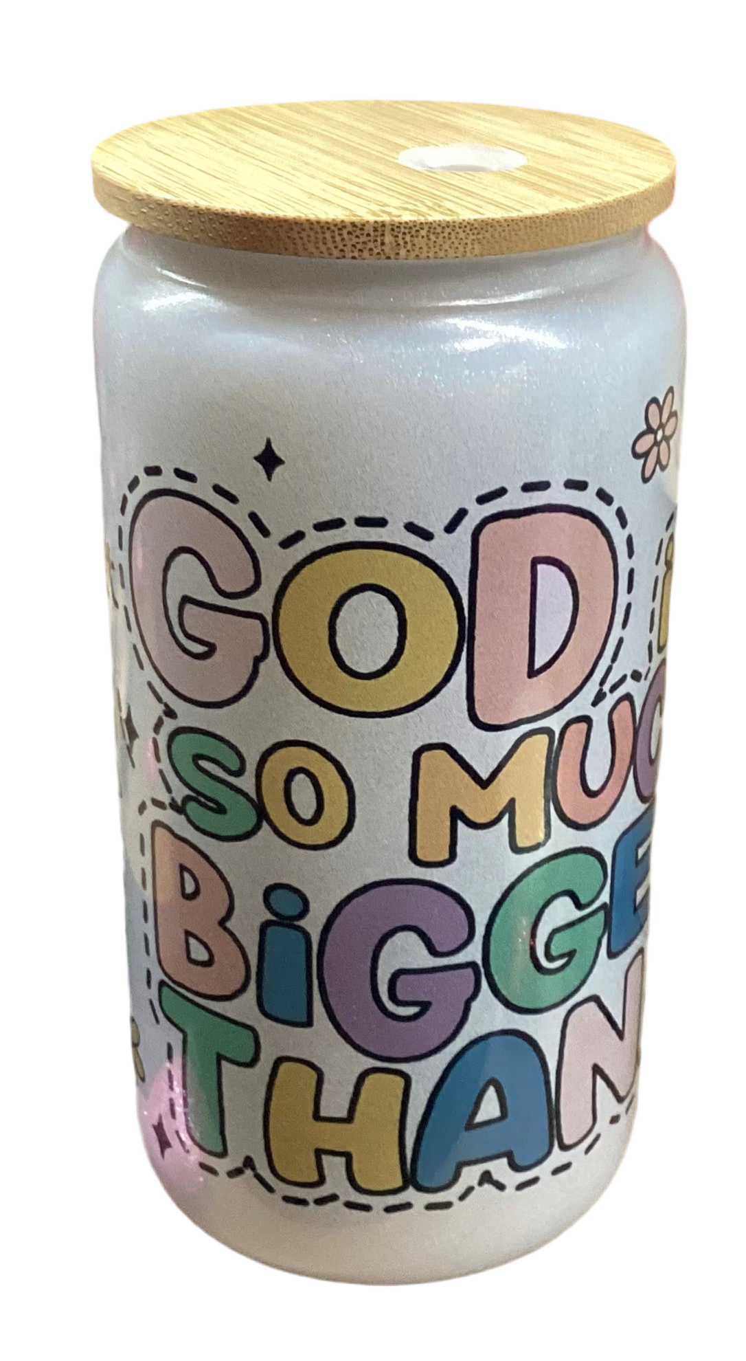 16 oz Glitter Glass Cup - God Is So Much Bigger Than