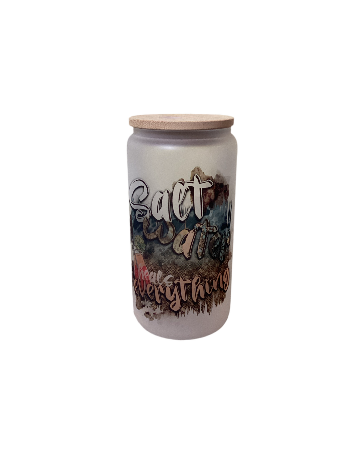 16 oz Frosted Glass Cup - Saltwater Heals Everything