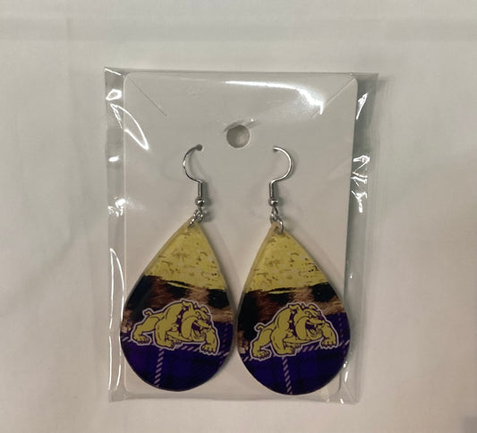 Large Teardrop Earrings - UV printed McHi Bulldogs- Black, Purple & Yellow